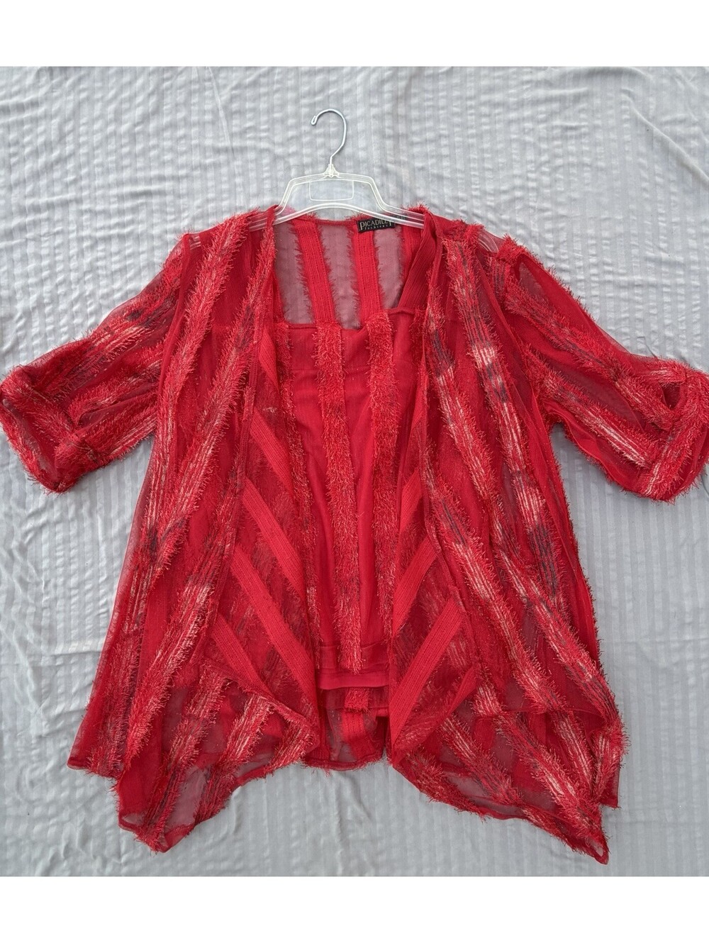 Piccadilly Fashions Red 2-Piece Twin Set Sheer Mesh Fringed Cardigan